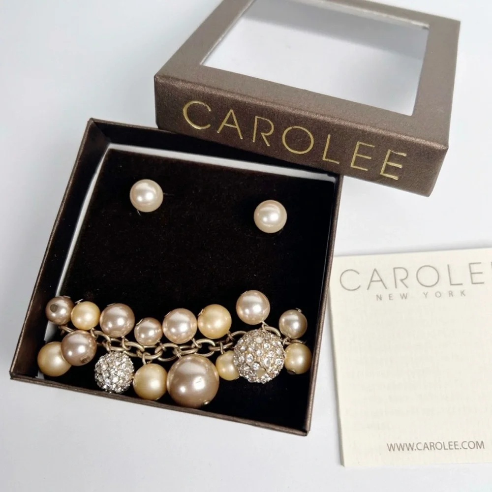 Carolee Bracelet Earring Boxed Set Charm Bracelet Pearls Dangling Pave GlobesNEW - Picture 5 of 9
